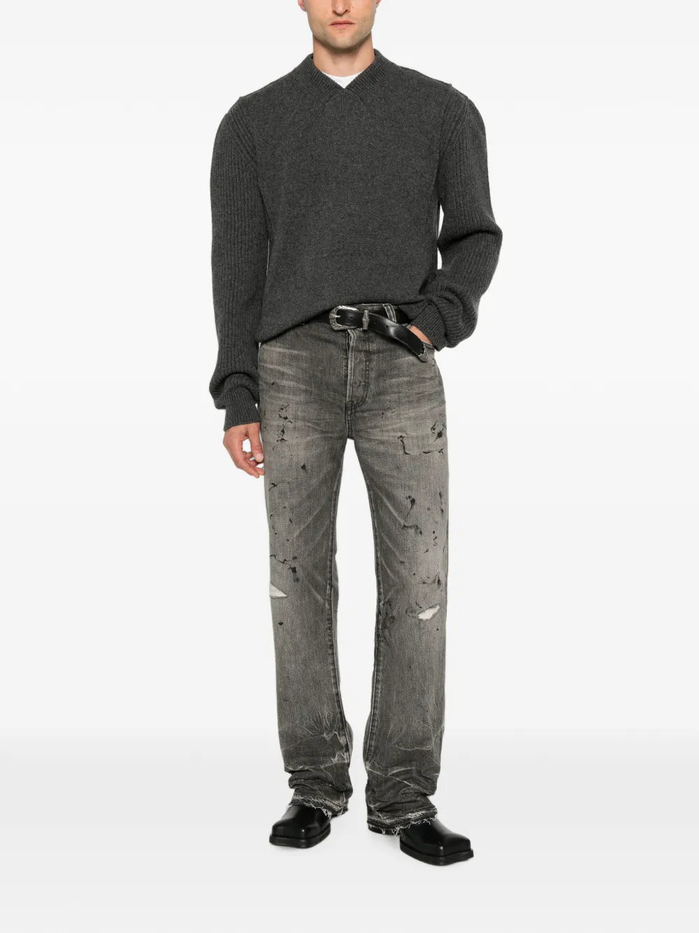 distressed paint-splatter jeans