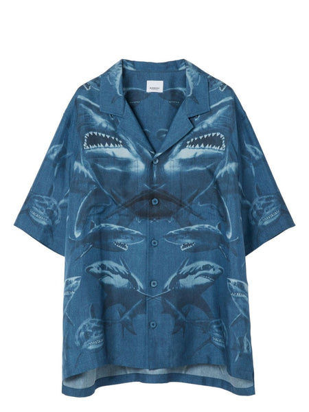 Shark Print Short-Sleeve Silk Shirt