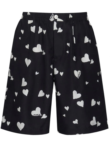 Heart-Print Silk Bermuda Shorts