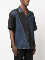 Diagonal-Striped Short-Sleeved Denim Shirt