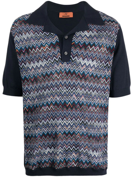 Zigzag-Pattern Ribbed Polo Shirt