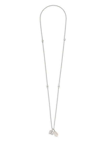 Logo-Plaque Pearl-Pendant Necklace