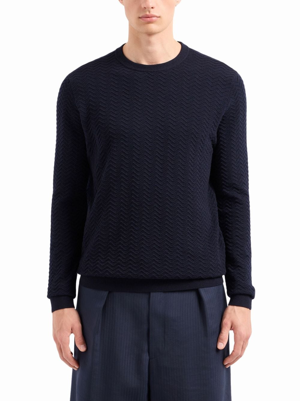 Crew-Neck Zigzag-Embroidery Jumper