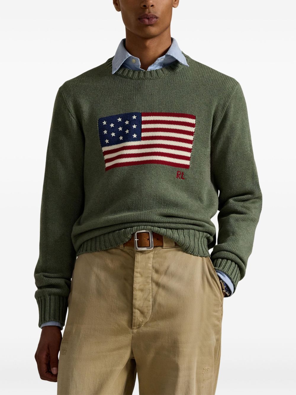 flag-embroidered crewneck sweater