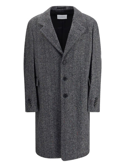 Herringbone-Pattern Notched-Lapel Coat