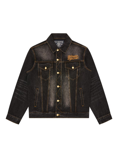 Script Cord Collar Embroidered Denim Jacket