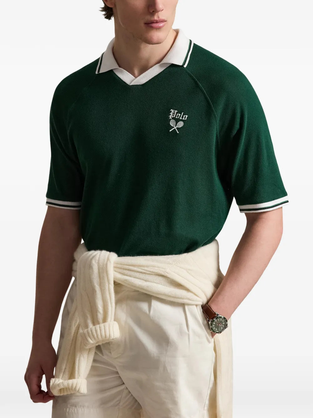 logo-embroidered johnny-collar T-shirt
