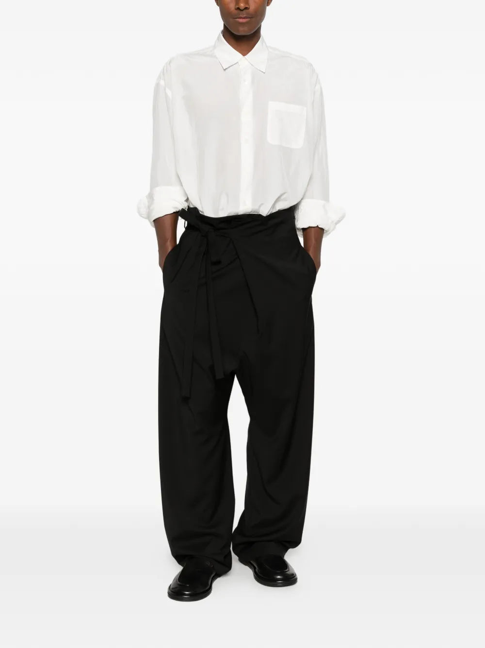 wrap-design tie-waist trousers