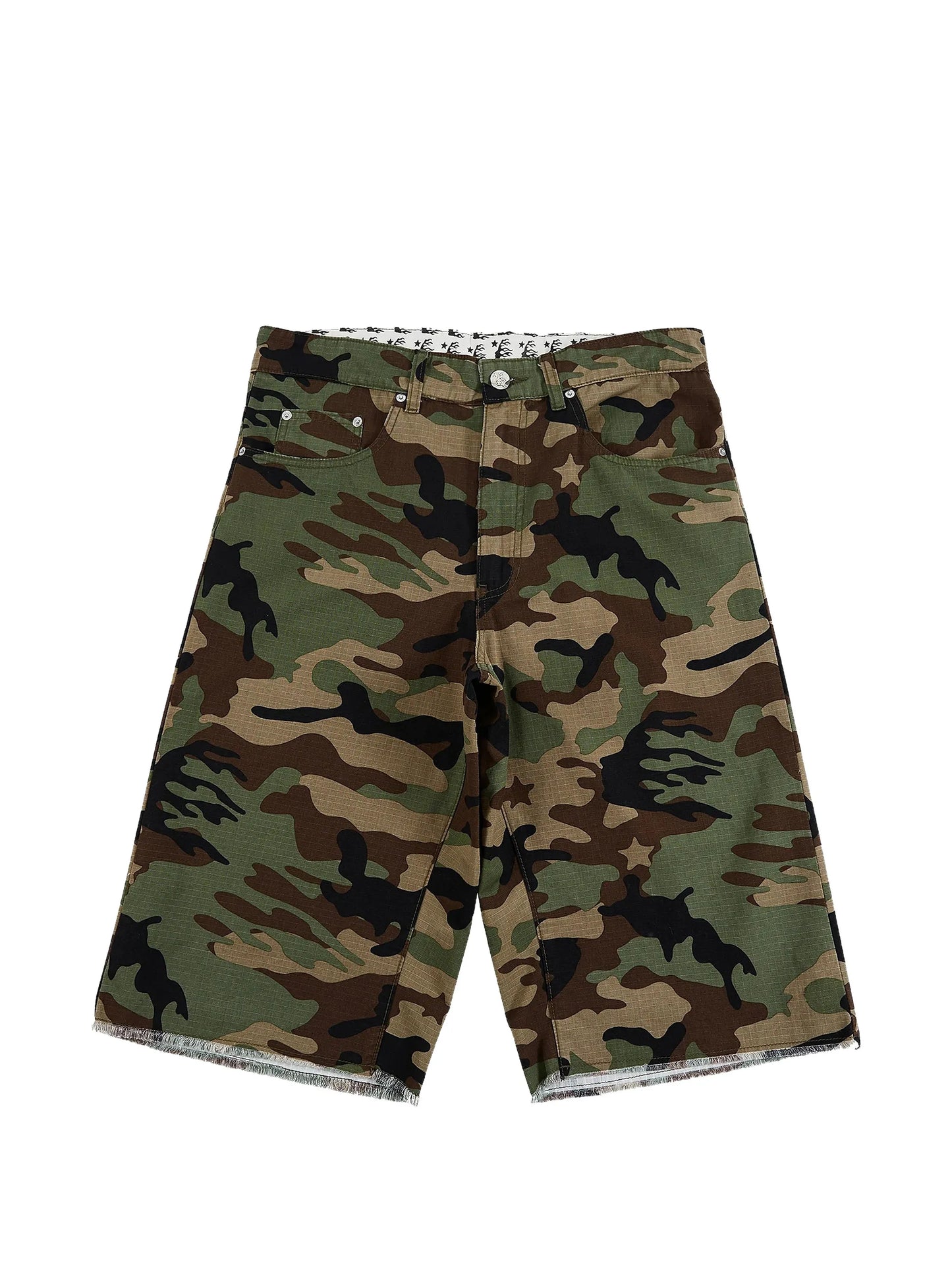 Camouflage-Print Raw-Edge Shorts