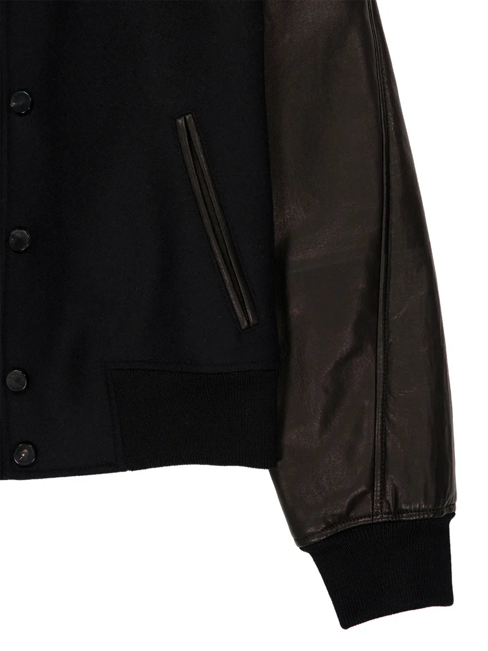 leather-sleeved wool bomber jacket
