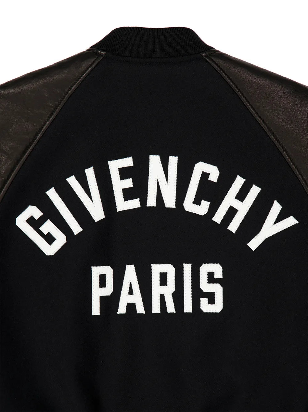 leather-sleeved wool bomber jacket