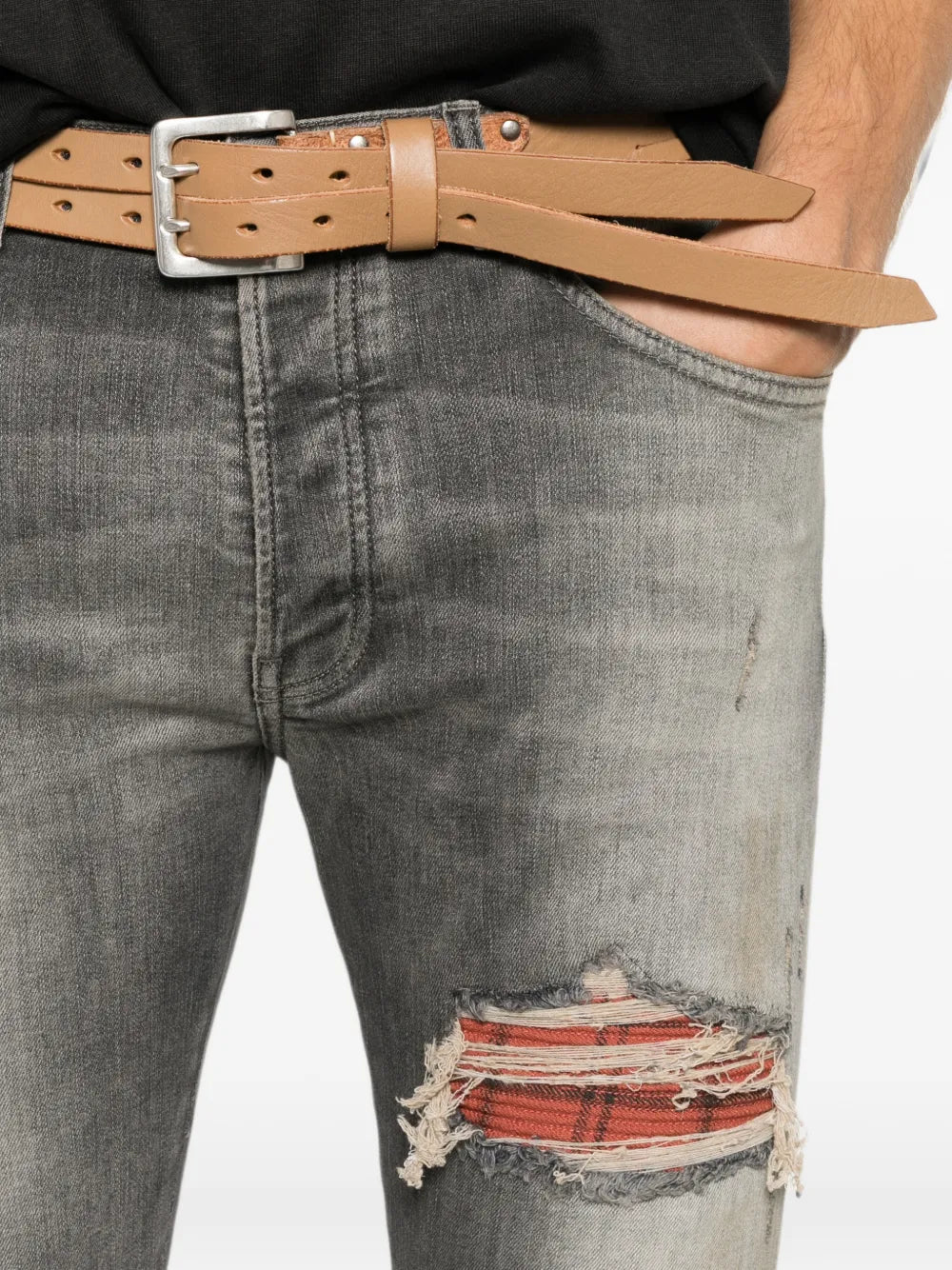 distressed checked-panel jeans