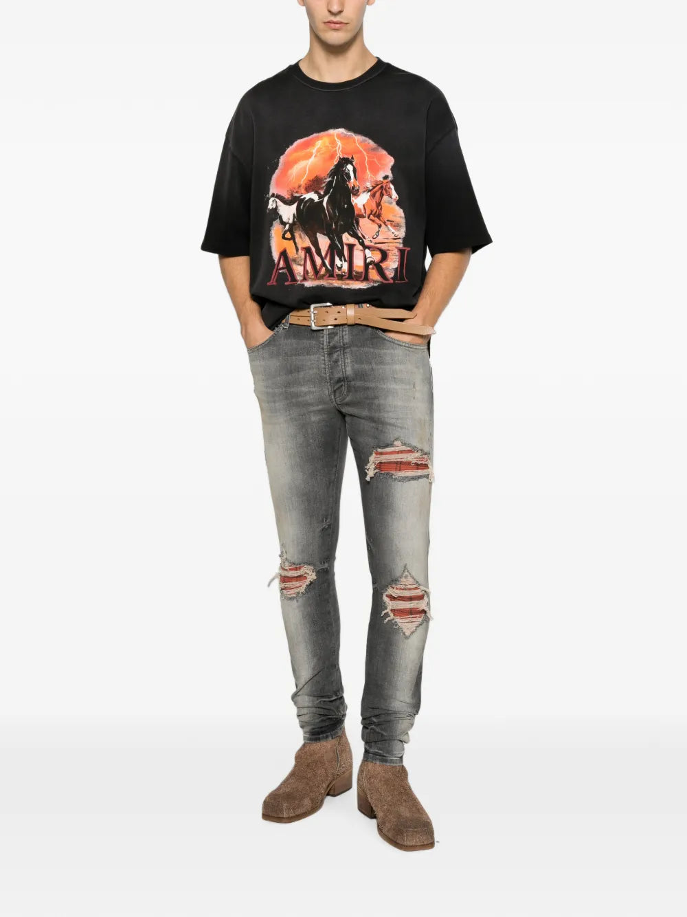 distressed checked-panel jeans