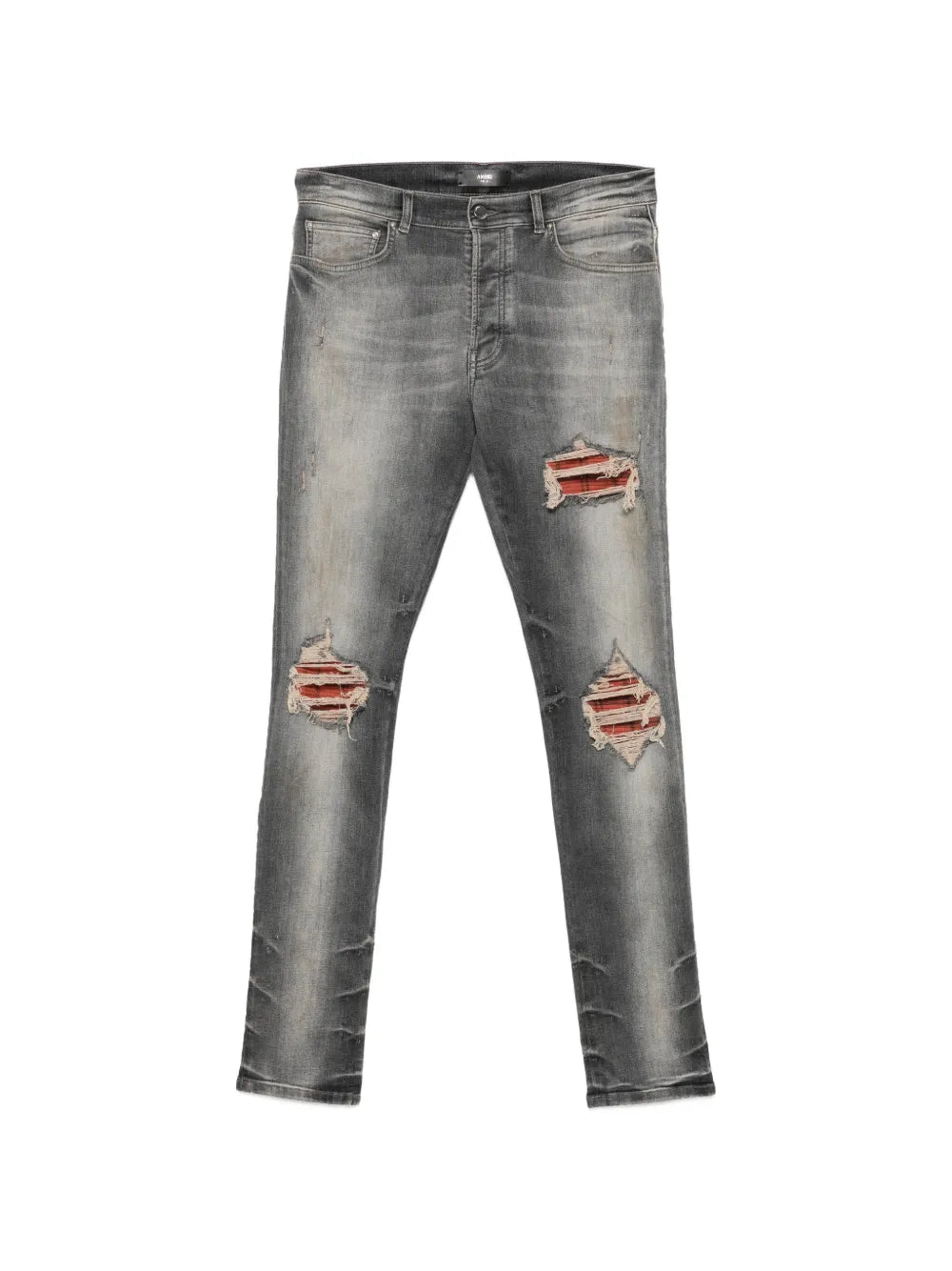distressed checked-panel jeans