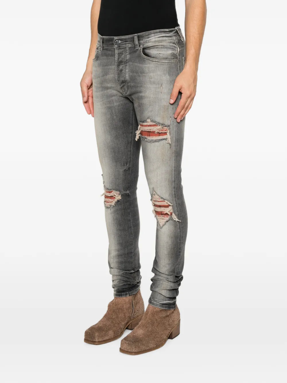 distressed checked-panel jeans