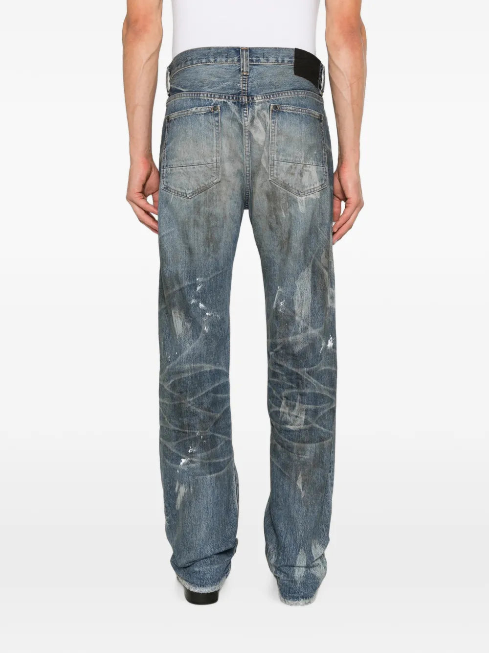 distressed paint-splatter jeans