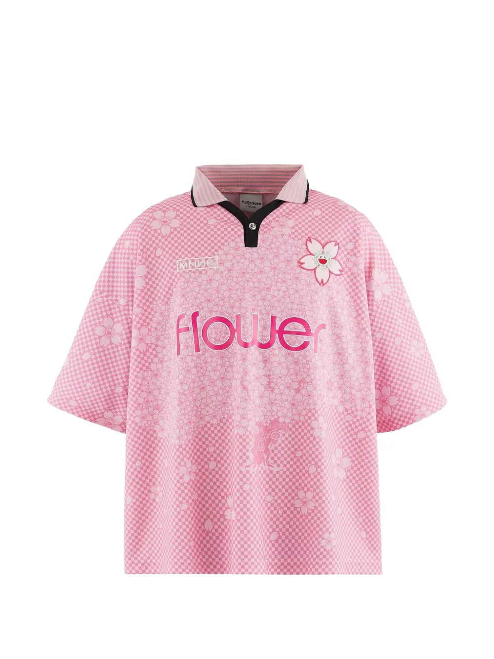 check-pattern floral-print polo shirt
