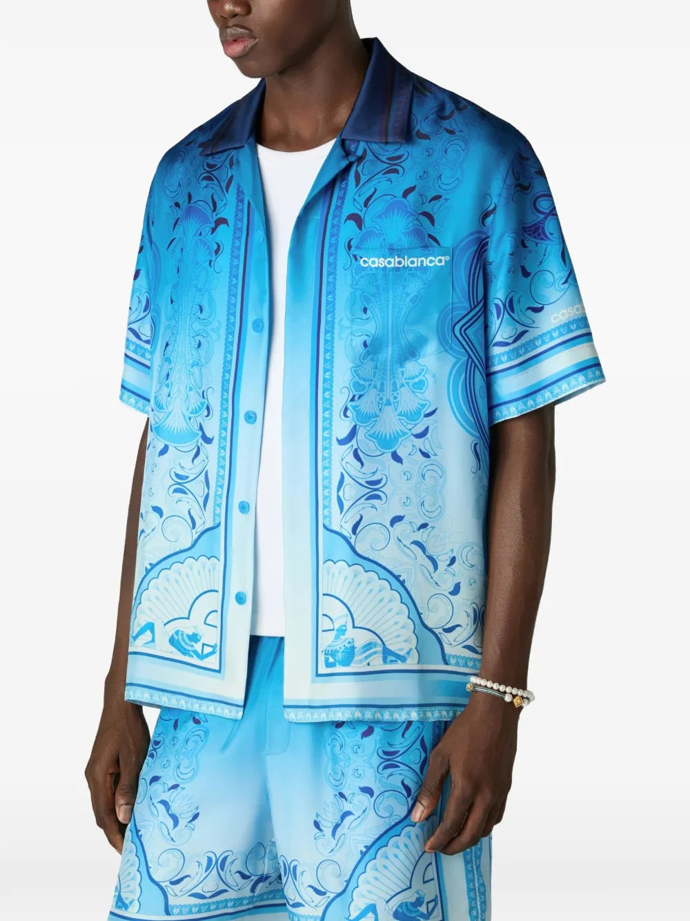 blue gradient Egyptian Rug short sleeve silk shirt
