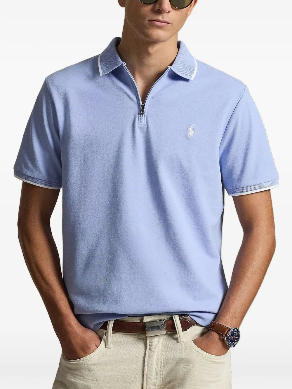 zip-neck logo-embroidered polo shirt