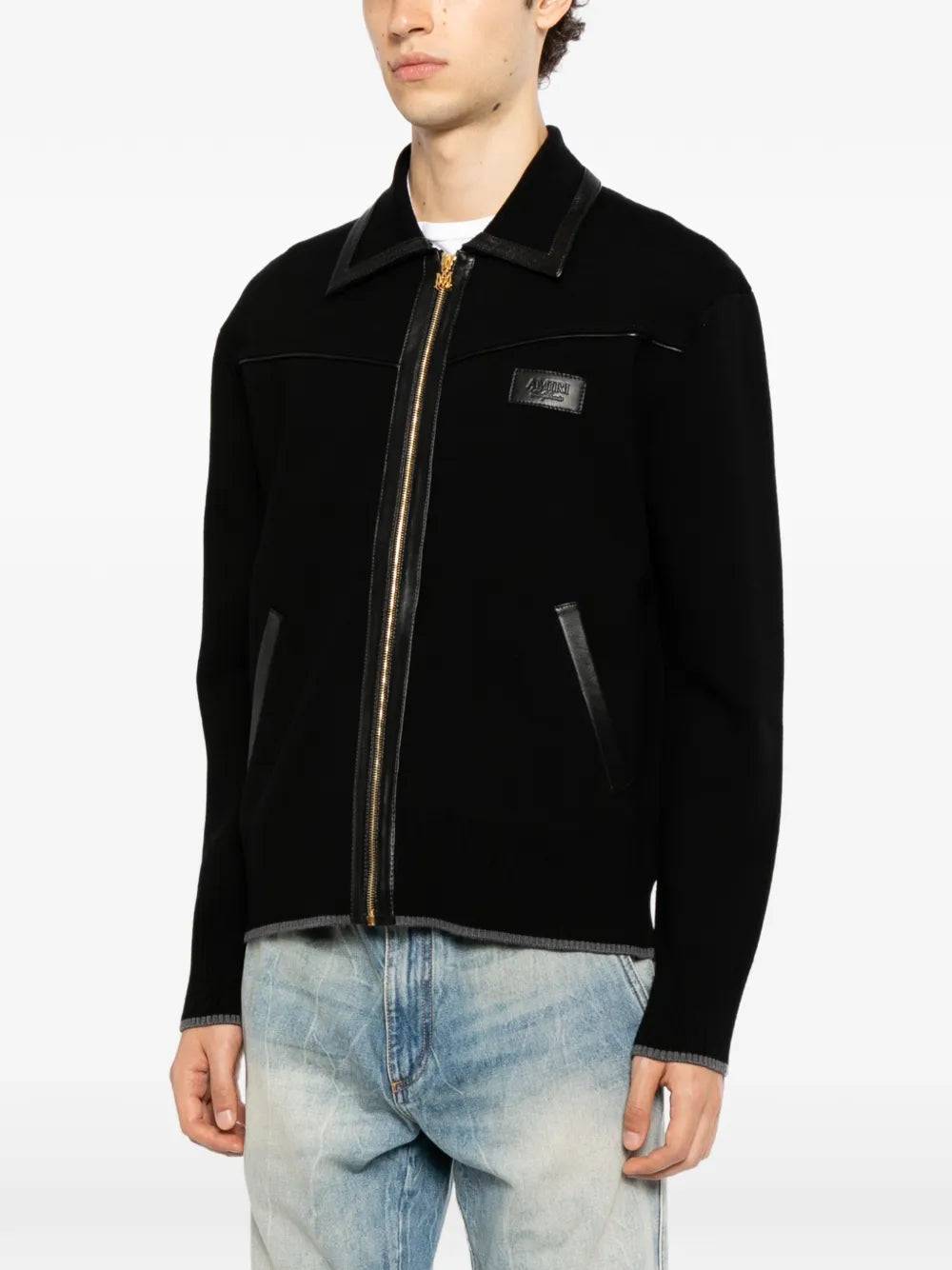 leather-trimmed zip-up jacket