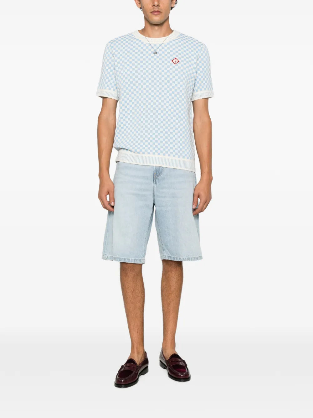 checkerboard-knit logo-patch T-shirt