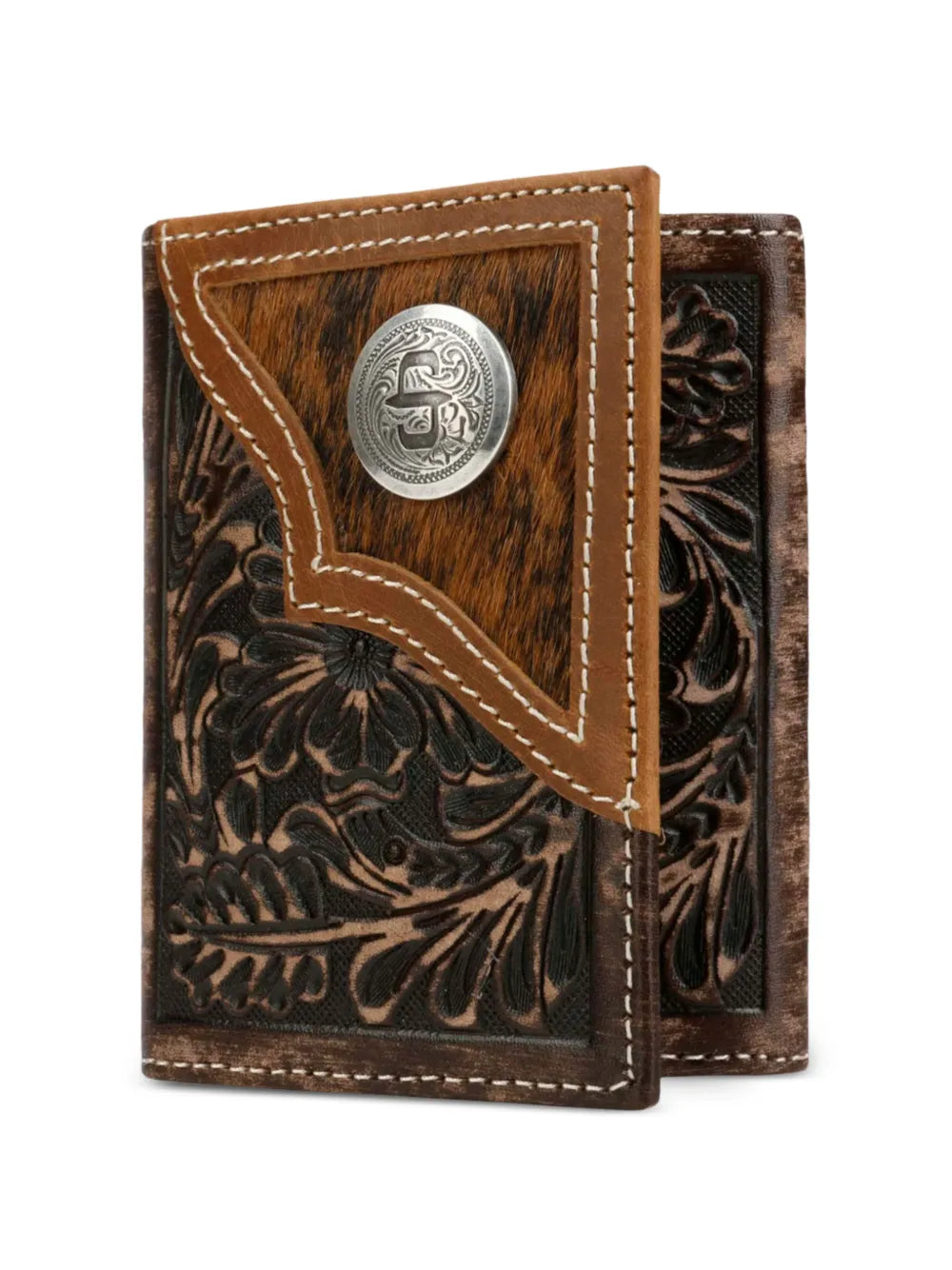 hair-on-hide inlay tooled-leather wallet