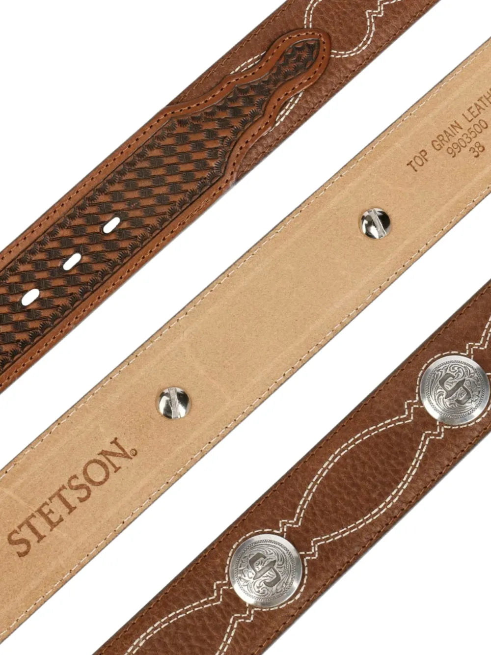 concho-embellished woven leather belt