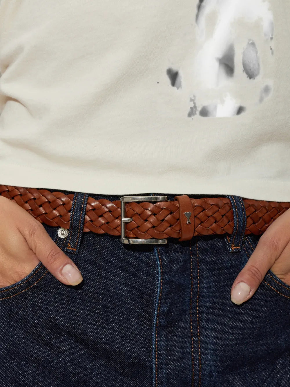 brown braided Paris Paris cow leather belt 30mm