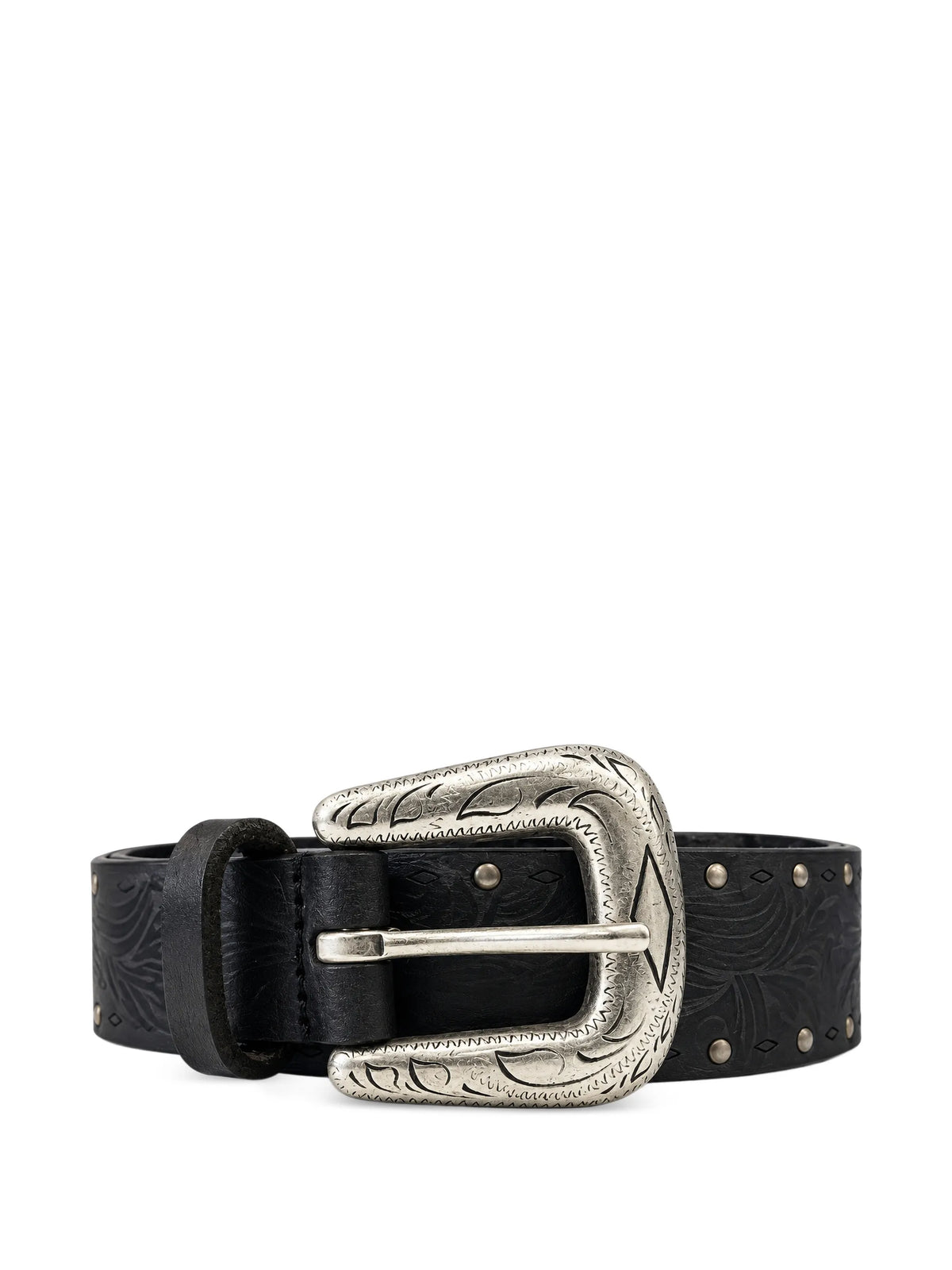 Stud-Embellished Engraved-Buckle Belt