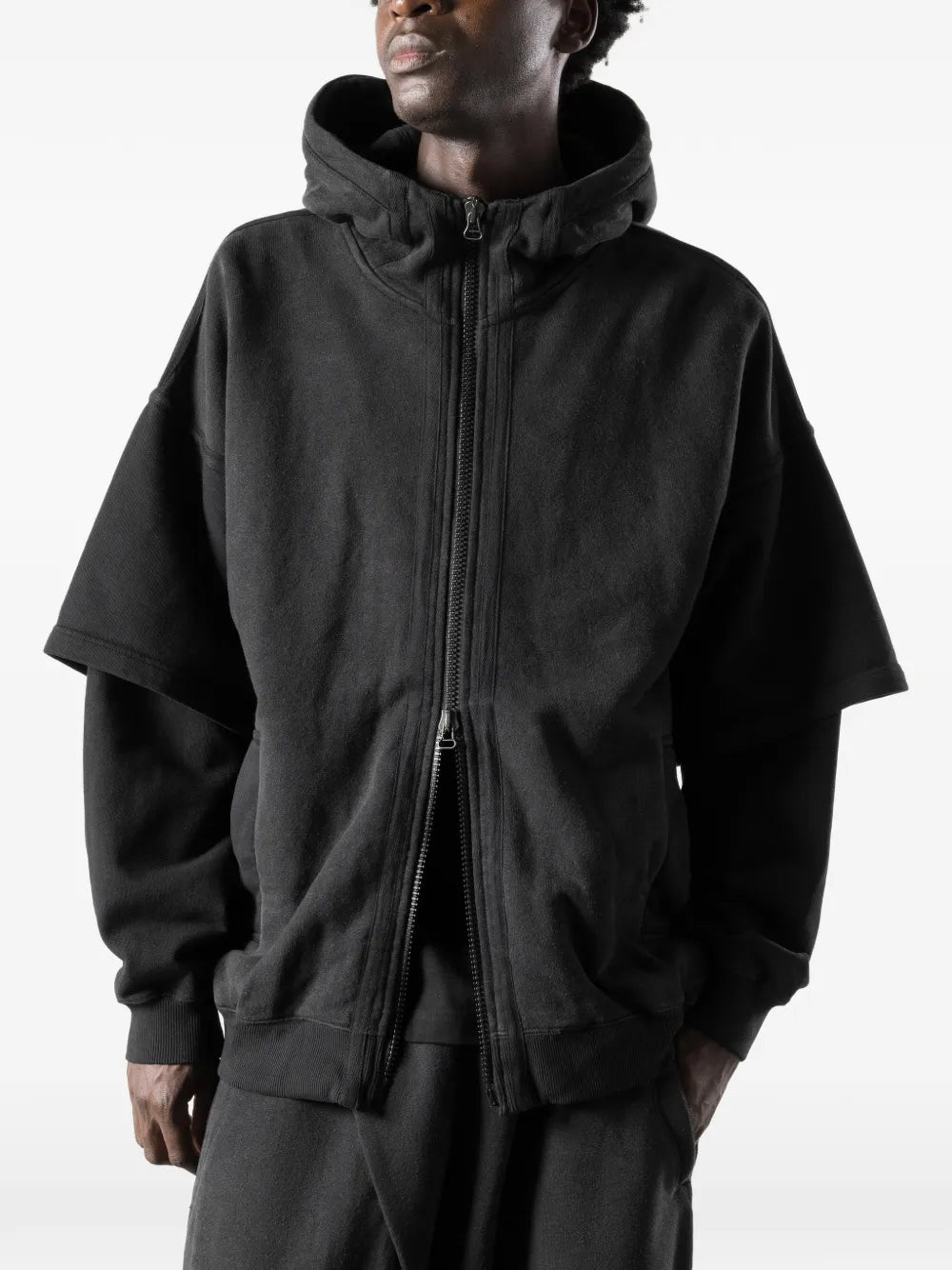 layered-sleeve hooded jacket