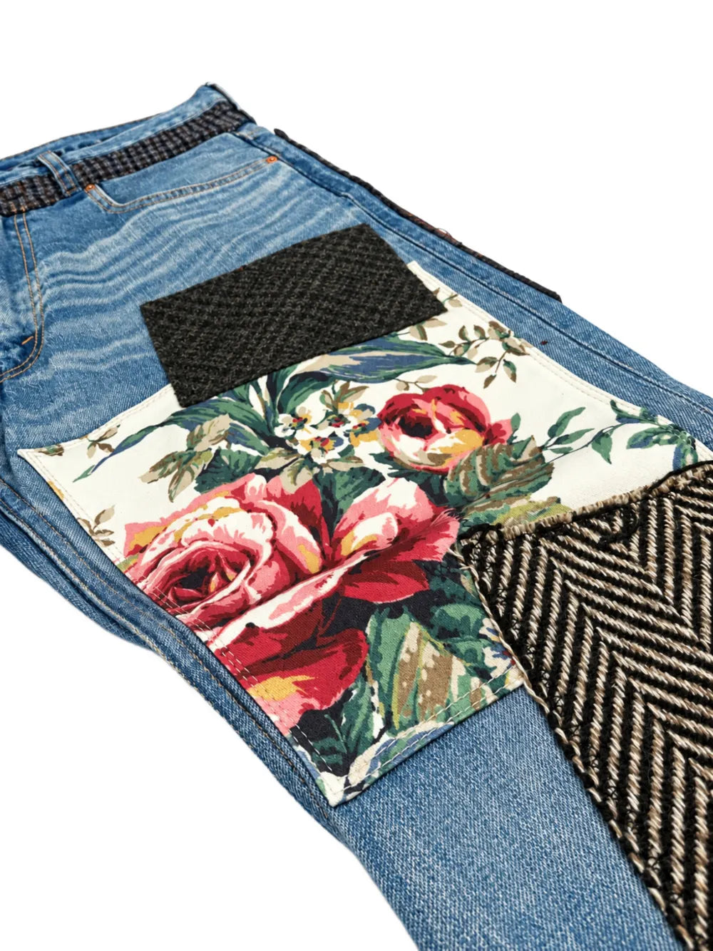 patchwork whiskered jeans