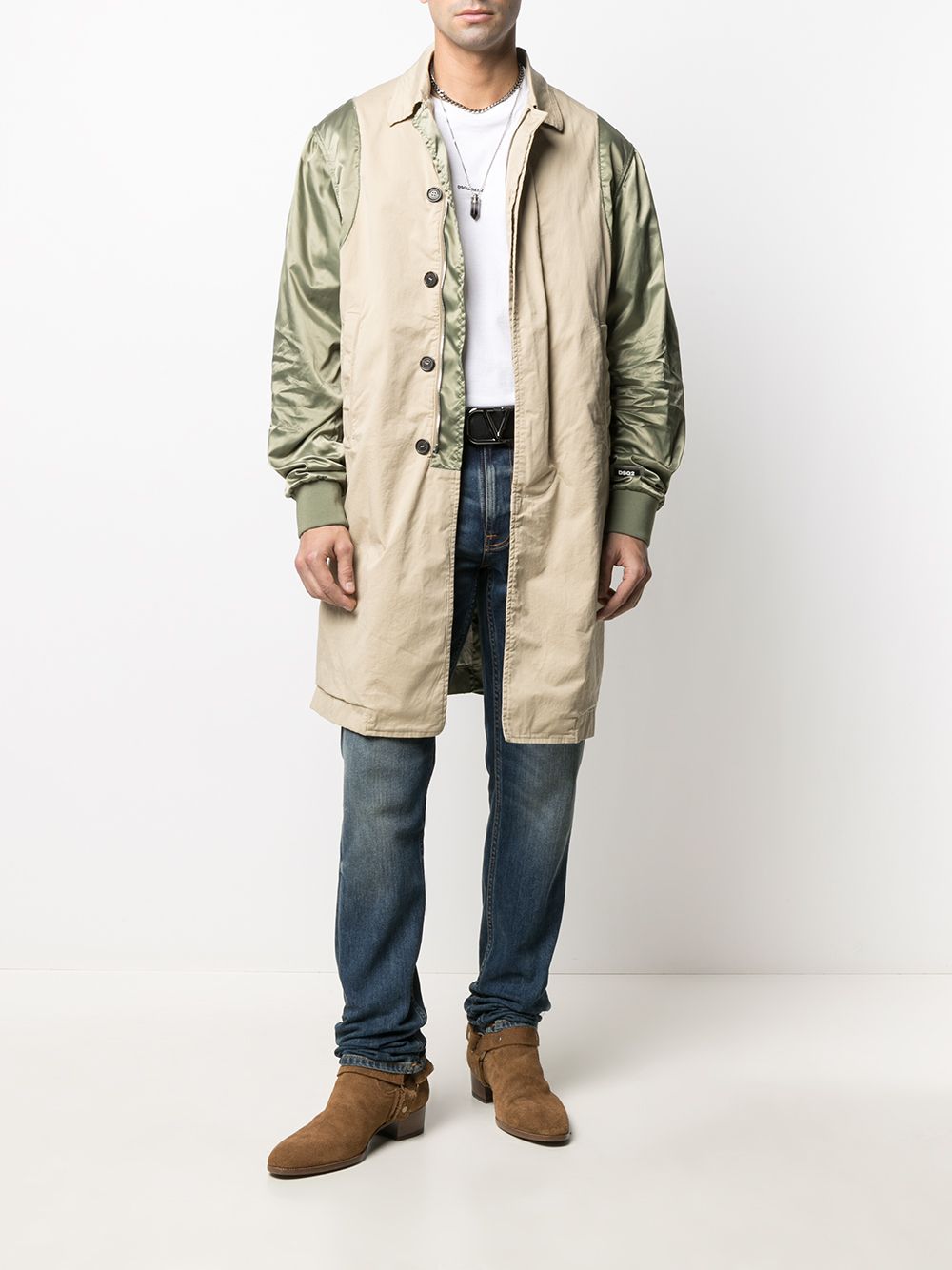 Contrast-Sleeve Single-Breasted Coat
