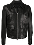 Pointed-Collar Grained Leather Jacket