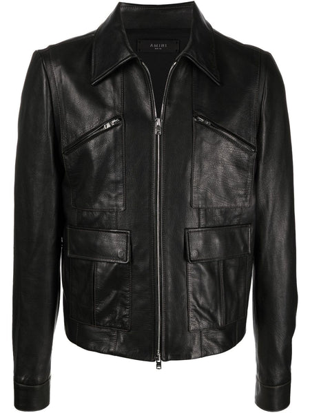 Pointed-Collar Grained Leather Jacket