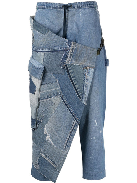 Patchwork Drawstring-Waist Tapered Jeans