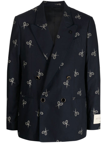 Racket-Print Double-Breasted Blazer