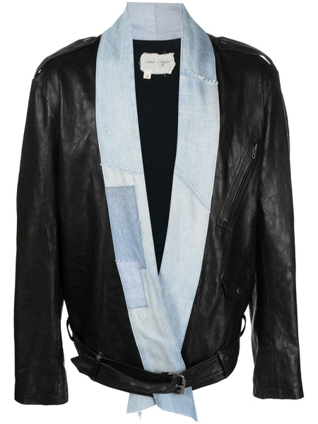 Denim-Trim Leather Jacket