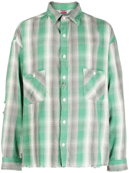 Check-Print Ripped-Detail Cotton Shirt