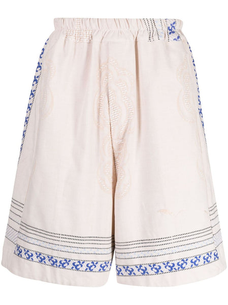 Floral-Embroidered Linen Drop-Crotch Shorts